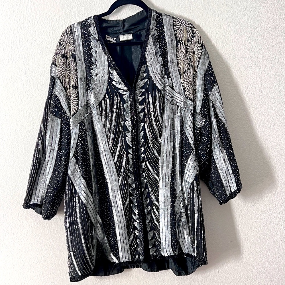 Vintage handmade Silver Beaded Sequined Duster Coat Long Jacket